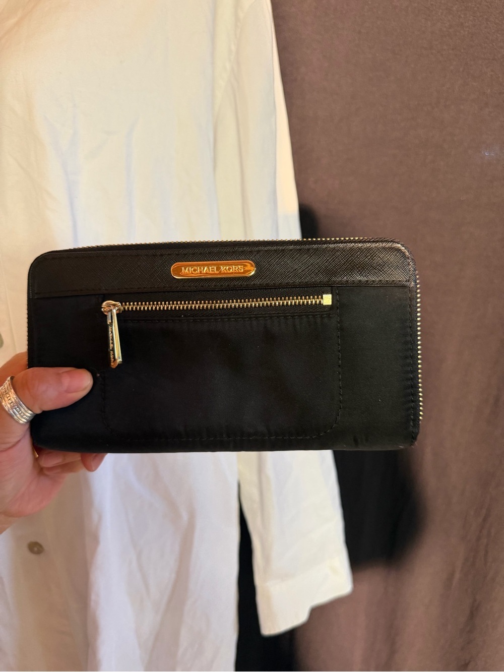 Michael Kors Black Wallet with Gold Hardware and Front Zip